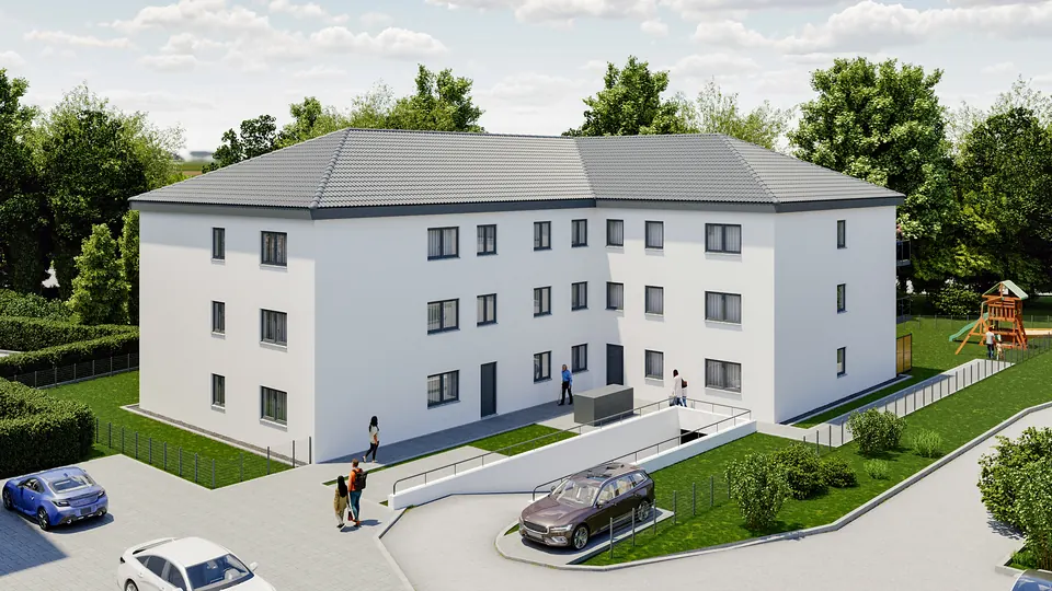 Visualisierung des Neubauprojekts Köfering mit Zufahrt zur Tiefgarage
