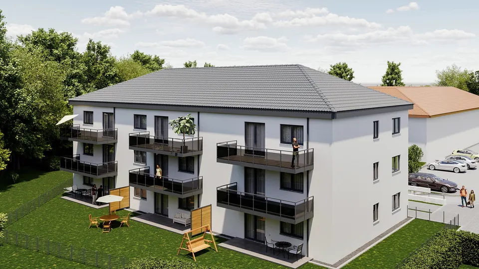 Visualisierung der Gartenseite mit Balkonen und Terrassen